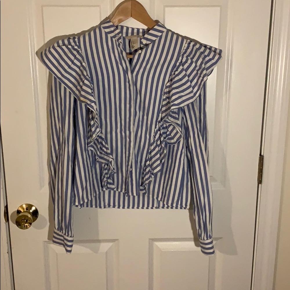 White and blue stripe H&M fringe button down